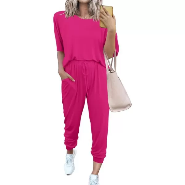 imagePRETTYGARDEN Womens Two Piece Outfit Short Sleeve Pullover with Drawstring Long Pants Tracksuit Jogger SetRose Red