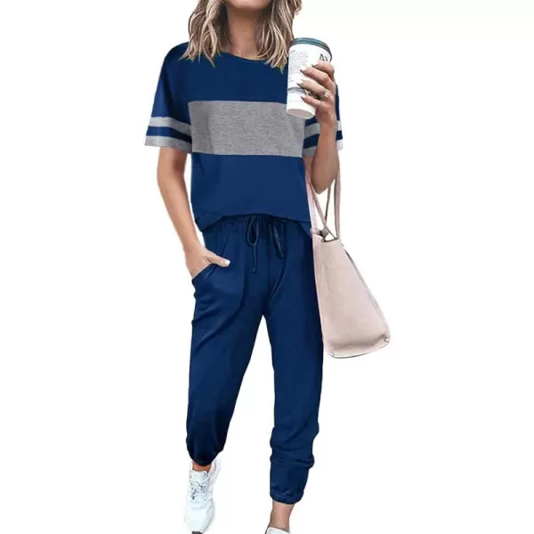 imagePRETTYGARDEN Womens Two Piece Outfit Short Sleeve Pullover with Drawstring Long Pants Tracksuit Jogger SetStriped Bright Blue