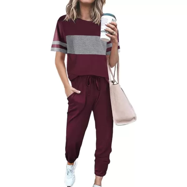 imagePRETTYGARDEN Womens Two Piece Outfit Short Sleeve Pullover with Drawstring Long Pants Tracksuit Jogger SetStriped Wine Red