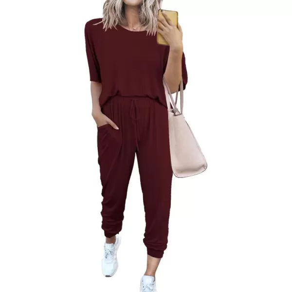 imagePRETTYGARDEN Womens Two Piece Outfit Short Sleeve Pullover with Drawstring Long Pants Tracksuit Jogger SetWine Red
