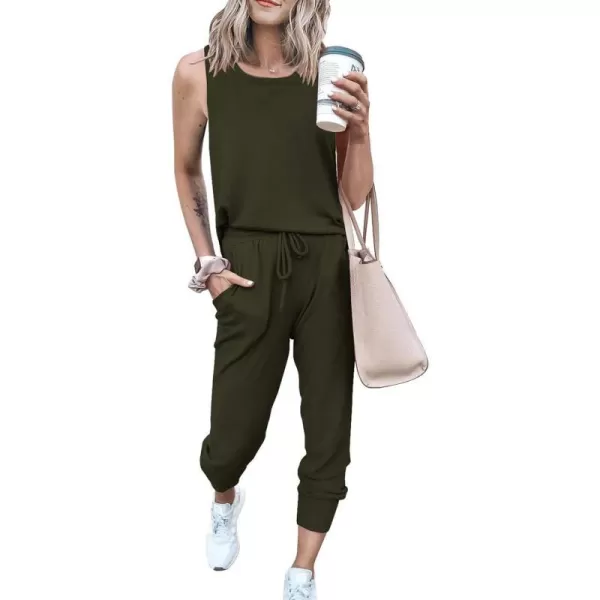 imagePRETTYGARDEN Womens Two Piece Outfit Sleeveless Crewneck Tops with Sweatpants Active Tracksuit Lounge WearArmy Green