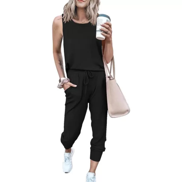 imagePRETTYGARDEN Womens Two Piece Outfit Sleeveless Crewneck Tops with Sweatpants Active Tracksuit Lounge WearBlack