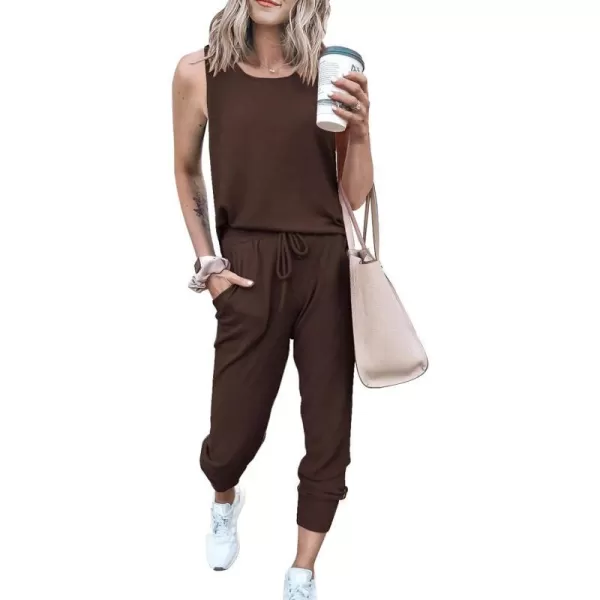 imagePRETTYGARDEN Womens Two Piece Outfit Sleeveless Crewneck Tops with Sweatpants Active Tracksuit Lounge WearBrown