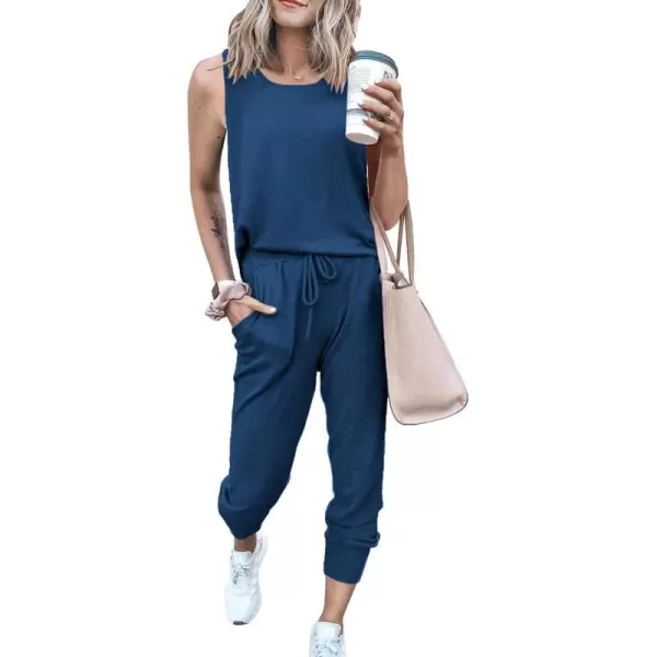 imagePRETTYGARDEN Womens Two Piece Outfit Sleeveless Crewneck Tops with Sweatpants Active Tracksuit Lounge WearDark Blue