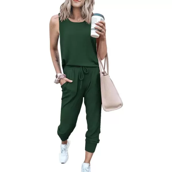 imagePRETTYGARDEN Womens Two Piece Outfit Sleeveless Crewneck Tops with Sweatpants Active Tracksuit Lounge WearDark Green