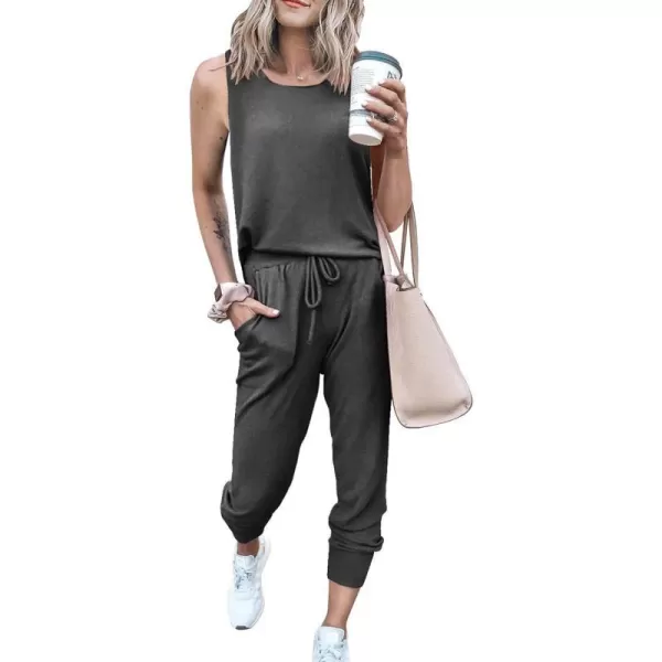 imagePRETTYGARDEN Womens Two Piece Outfit Sleeveless Crewneck Tops with Sweatpants Active Tracksuit Lounge WearDark Grey