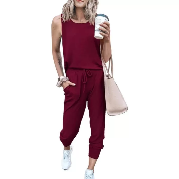 imagePRETTYGARDEN Womens Two Piece Outfit Sleeveless Crewneck Tops with Sweatpants Active Tracksuit Lounge WearWine Red