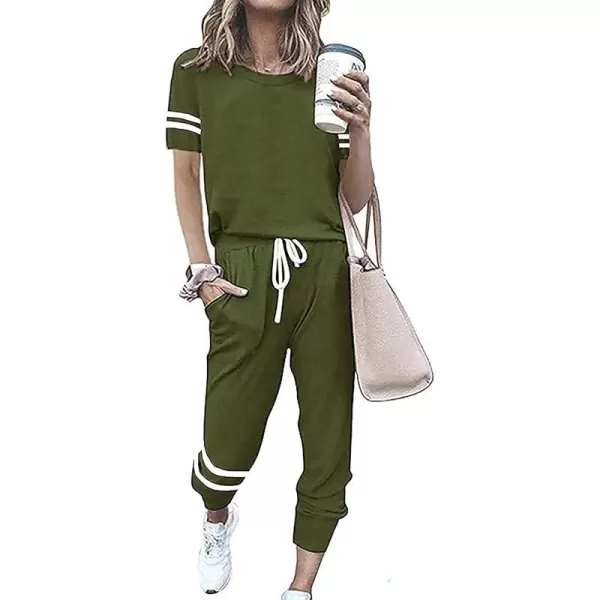 imagePRETTYGARDEN Womens Two Piece Outfits Striped Short Sleeve Pullover and Long Pants Tracksuit Pajama Lounge Jogger SetsArmy Green