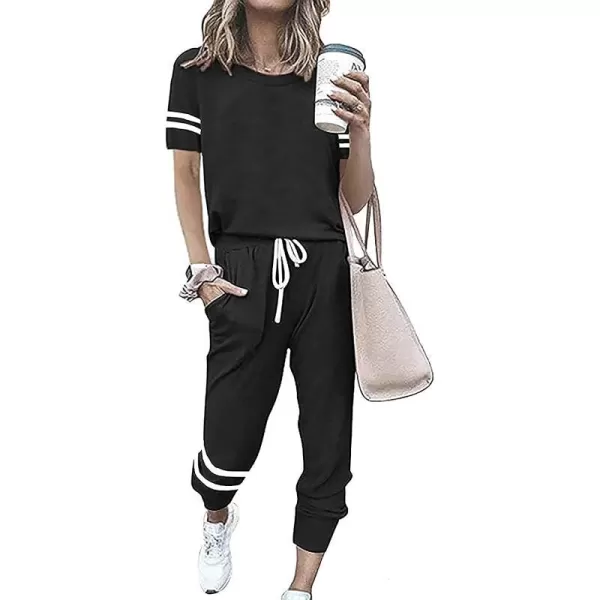 imagePRETTYGARDEN Womens Two Piece Outfits Striped Short Sleeve Pullover and Long Pants Tracksuit Pajama Lounge Jogger SetsBlack
