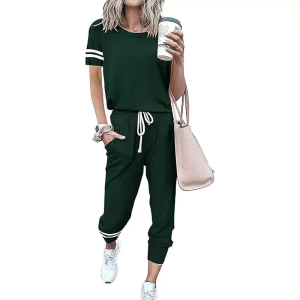 imagePRETTYGARDEN Womens Two Piece Outfits Striped Short Sleeve Pullover and Long Pants Tracksuit Pajama Lounge Jogger SetsDark Green