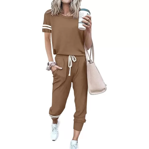 imagePRETTYGARDEN Womens Two Piece Outfits Striped Short Sleeve Pullover and Long Pants Tracksuit Pajama Lounge Jogger SetsKhaki