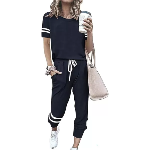 imagePRETTYGARDEN Womens Two Piece Outfits Striped Short Sleeve Pullover and Long Pants Tracksuit Pajama Lounge Jogger SetsNavy