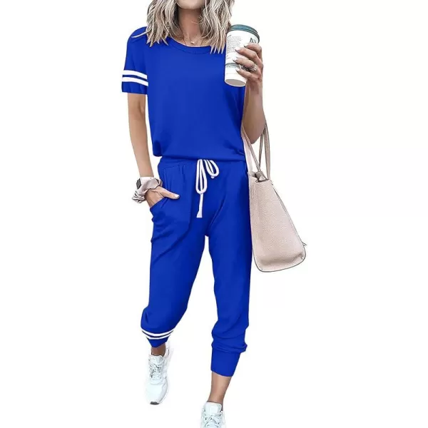imagePRETTYGARDEN Womens Two Piece Outfits Striped Short Sleeve Pullover and Long Pants Tracksuit Pajama Lounge Jogger SetsRoyal Blue
