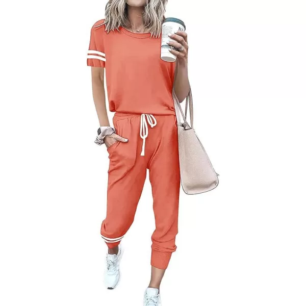 imagePRETTYGARDEN Womens Two Piece Outfits Striped Short Sleeve Pullover and Long Pants Tracksuit Pajama Lounge Jogger SetsShrimp Pink
