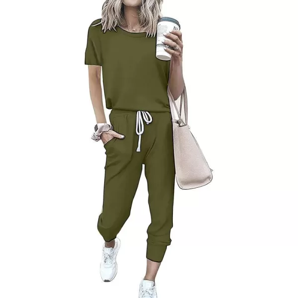 imagePRETTYGARDEN Womens Two Piece Outfits Striped Short Sleeve Pullover and Long Pants Tracksuit Pajama Lounge Jogger SetsSolid Army Green