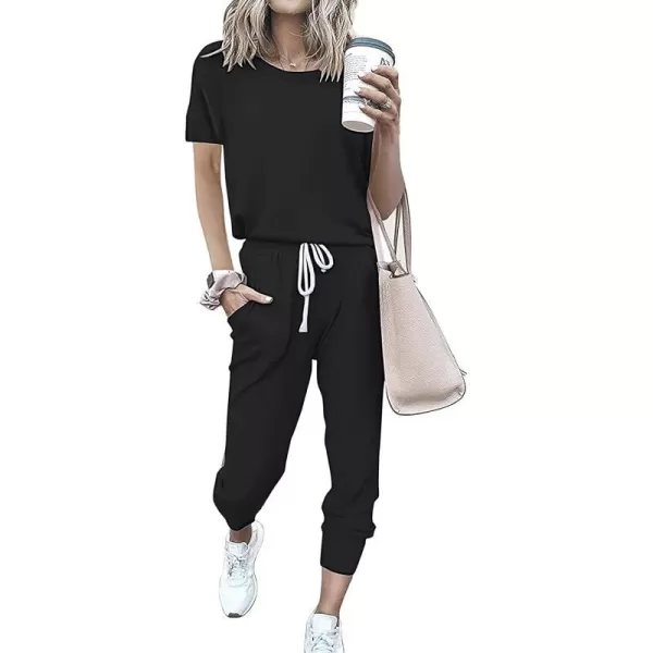 imagePRETTYGARDEN Womens Two Piece Outfits Striped Short Sleeve Pullover and Long Pants Tracksuit Pajama Lounge Jogger SetsSolid Black