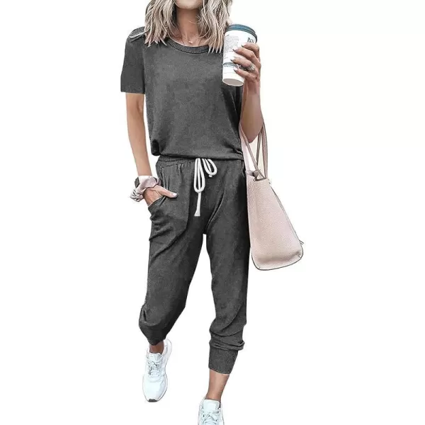 imagePRETTYGARDEN Womens Two Piece Outfits Striped Short Sleeve Pullover and Long Pants Tracksuit Pajama Lounge Jogger SetsSolid Dark Grey