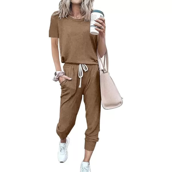 imagePRETTYGARDEN Womens Two Piece Outfits Striped Short Sleeve Pullover and Long Pants Tracksuit Pajama Lounge Jogger SetsSolid Dark Khaki