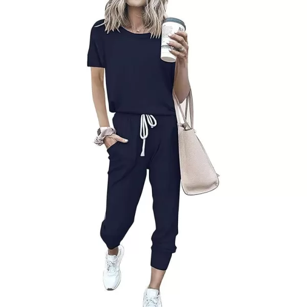 imagePRETTYGARDEN Womens Two Piece Outfits Striped Short Sleeve Pullover and Long Pants Tracksuit Pajama Lounge Jogger SetsSolid Navy