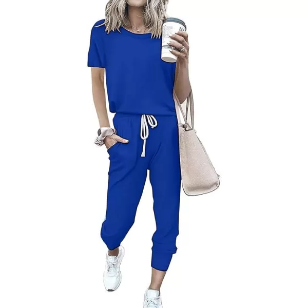 imagePRETTYGARDEN Womens Two Piece Outfits Striped Short Sleeve Pullover and Long Pants Tracksuit Pajama Lounge Jogger SetsSolid Royal Blue