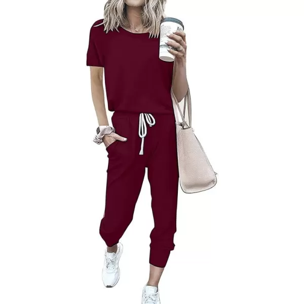 imagePRETTYGARDEN Womens Two Piece Outfits Striped Short Sleeve Pullover and Long Pants Tracksuit Pajama Lounge Jogger SetsSolid Wine Red