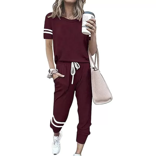 imagePRETTYGARDEN Womens Two Piece Outfits Striped Short Sleeve Pullover and Long Pants Tracksuit Pajama Lounge Jogger SetsWine Red
