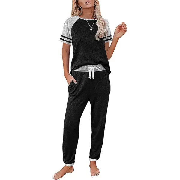 imagePRETTYGARDEN Womens Two Piece Outfits Striped Short Sleeve Pullover and Long Pants Tracksuit Pajama Lounge Jogger SetsZblack