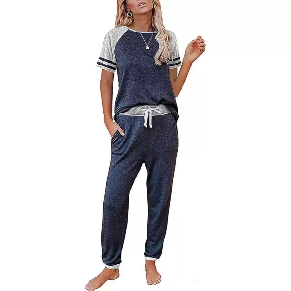imagePRETTYGARDEN Womens Two Piece Outfits Striped Short Sleeve Pullover and Long Pants Tracksuit Pajama Lounge Jogger SetsZdark Blue