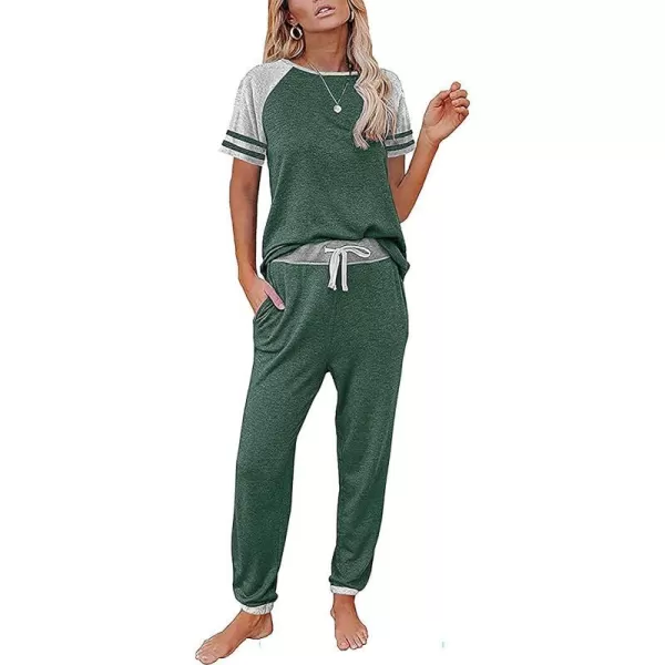 imagePRETTYGARDEN Womens Two Piece Outfits Striped Short Sleeve Pullover and Long Pants Tracksuit Pajama Lounge Jogger SetsZdark Green