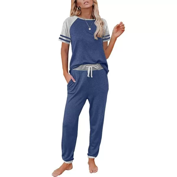imagePRETTYGARDEN Womens Two Piece Outfits Striped Short Sleeve Pullover and Long Pants Tracksuit Pajama Lounge Jogger SetsZgrey Blue