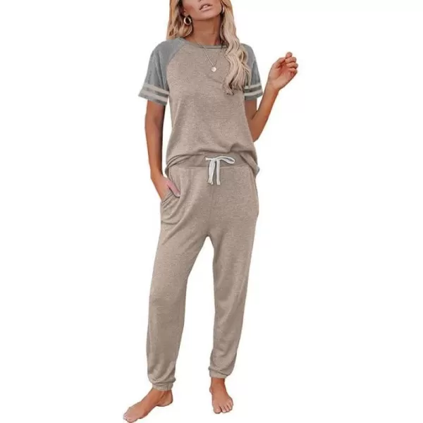 imagePRETTYGARDEN Womens Two Piece Outfits Striped Short Sleeve Pullover and Long Pants Tracksuit Pajama Lounge Jogger SetsZkhaki