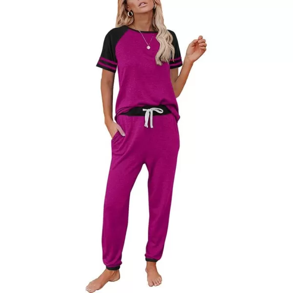 imagePRETTYGARDEN Womens Two Piece Outfits Striped Short Sleeve Pullover and Long Pants Tracksuit Pajama Lounge Jogger SetsZpurple
