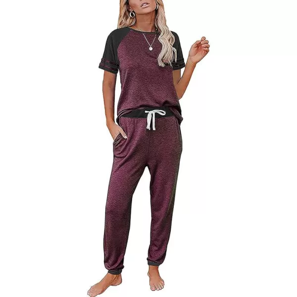 imagePRETTYGARDEN Womens Two Piece Outfits Striped Short Sleeve Pullover and Long Pants Tracksuit Pajama Lounge Jogger SetsZwine Red