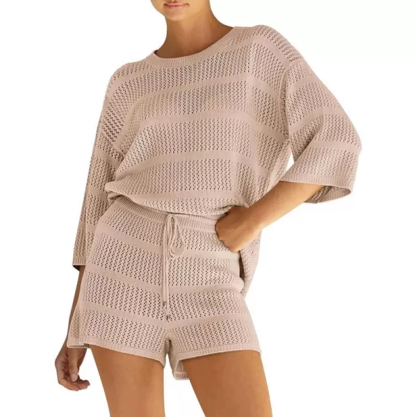 imagePRETTYGARDEN Womens Two Piece Outfits Summer Hollow Out Knit Lounge Sets Half Sleeve Tops Blouses and Shorts TracksuitBeige Apricot