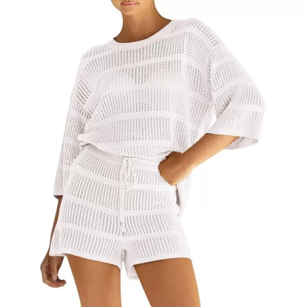 imagePRETTYGARDEN Womens Two Piece Outfits Summer Hollow Out Knit Lounge Sets Half Sleeve Tops Blouses and Shorts TracksuitBeige White