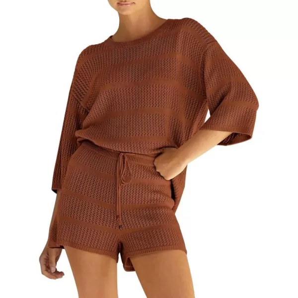 imagePRETTYGARDEN Womens Two Piece Outfits Summer Hollow Out Knit Lounge Sets Half Sleeve Tops Blouses and Shorts TracksuitBrown