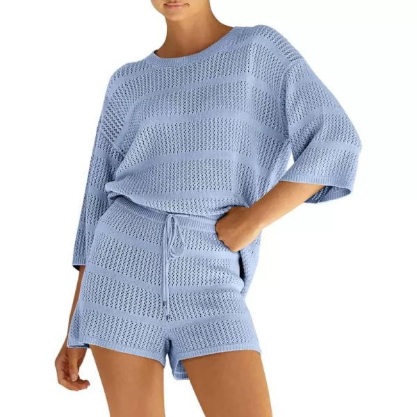 imagePRETTYGARDEN Womens Two Piece Outfits Summer Hollow Out Knit Lounge Sets Half Sleeve Tops Blouses and Shorts TracksuitLight Blue