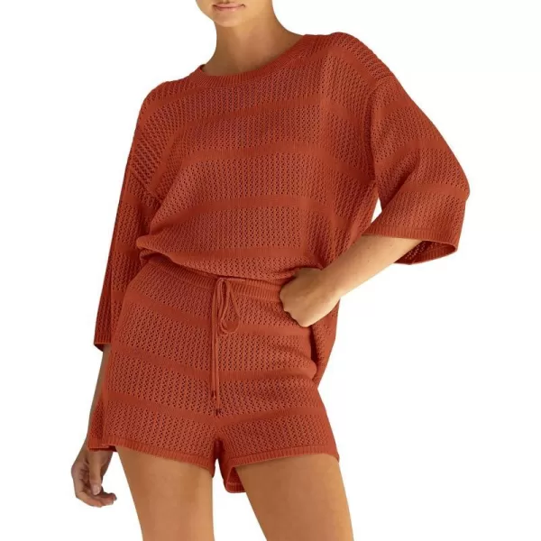 imagePRETTYGARDEN Womens Two Piece Outfits Summer Hollow Out Knit Lounge Sets Half Sleeve Tops Blouses and Shorts TracksuitOrange