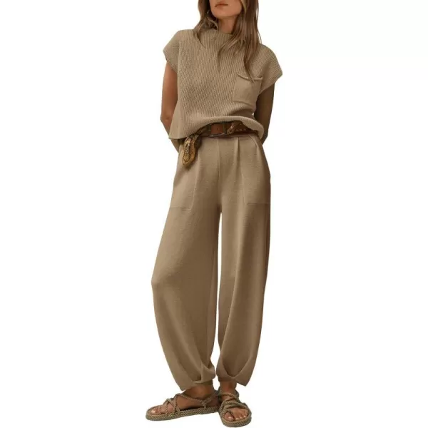 imagePRETTYGARDEN Womens Two Piece Outfits Sweater Sets Knit Pullover Tops And High Waisted Pants Matching Tracksuit Sweatsuit SetKhaki