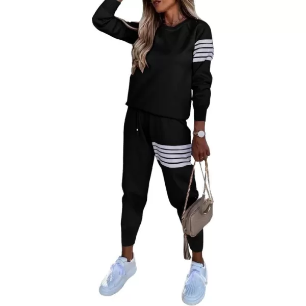 imagePRETTYGARDEN Womens Two Piece Striped Outfits Casual Long Sleeve Top and Sweatpants Matching Tracksuit Jogger SetBlack