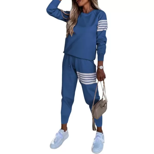 imagePRETTYGARDEN Womens Two Piece Striped Outfits Casual Long Sleeve Top and Sweatpants Matching Tracksuit Jogger SetDark Blue