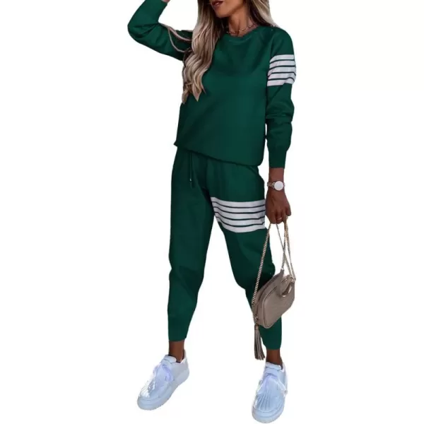 imagePRETTYGARDEN Womens Two Piece Striped Outfits Casual Long Sleeve Top and Sweatpants Matching Tracksuit Jogger SetDark Green