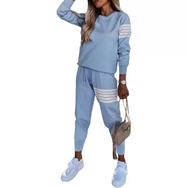 imagePRETTYGARDEN Womens Two Piece Striped Outfits Casual Long Sleeve Top and Sweatpants Matching Tracksuit Jogger SetLight Blue