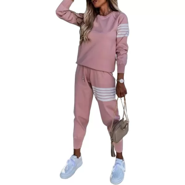 imagePRETTYGARDEN Womens Two Piece Striped Outfits Casual Long Sleeve Top and Sweatpants Matching Tracksuit Jogger SetPink