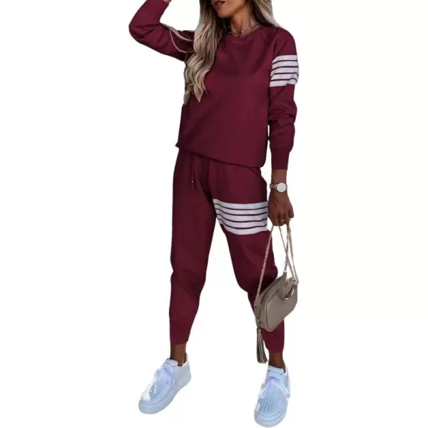 imagePRETTYGARDEN Womens Two Piece Striped Outfits Casual Long Sleeve Top and Sweatpants Matching Tracksuit Jogger SetWine Red