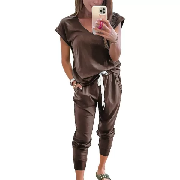 imagePRETTYGARDEN Womens Two Piece Tracksuit V Neck Short Sleeve Tops Long Pants With Drawstring Outfits Jogger SetsBrown