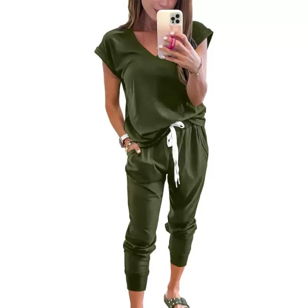 imagePRETTYGARDEN Womens Two Piece Tracksuit V Neck Short Sleeve Tops Long Pants With Drawstring Outfits Jogger SetsDark Army Green