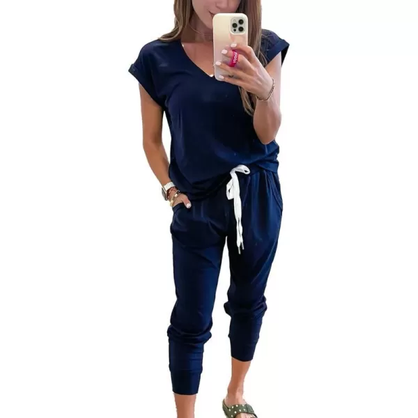 imagePRETTYGARDEN Womens Two Piece Tracksuit V Neck Short Sleeve Tops Long Pants With Drawstring Outfits Jogger SetsDark Blue