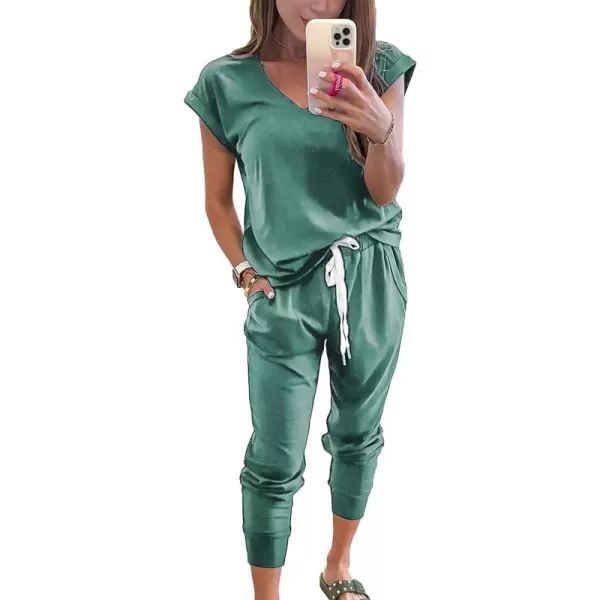 imagePRETTYGARDEN Womens Two Piece Tracksuit V Neck Short Sleeve Tops Long Pants With Drawstring Outfits Jogger SetsGrey Green