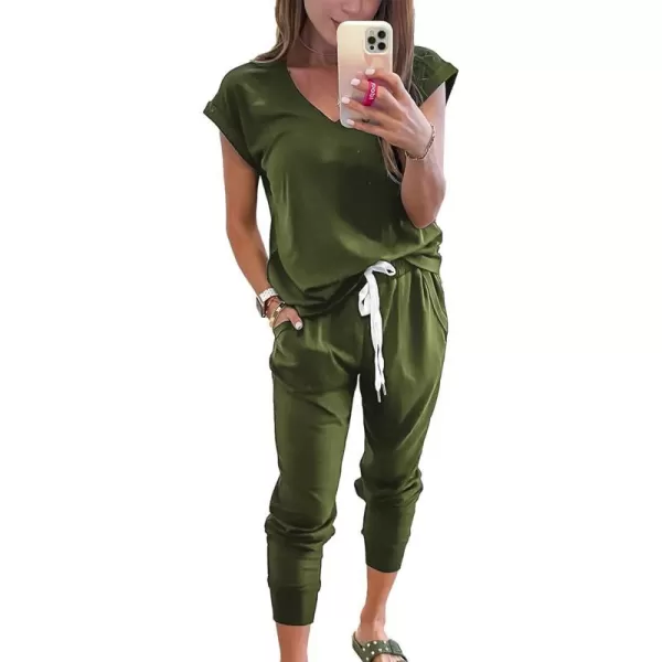 imagePRETTYGARDEN Womens Two Piece Tracksuit V Neck Short Sleeve Tops Long Pants With Drawstring Outfits Jogger SetsLight Army Green